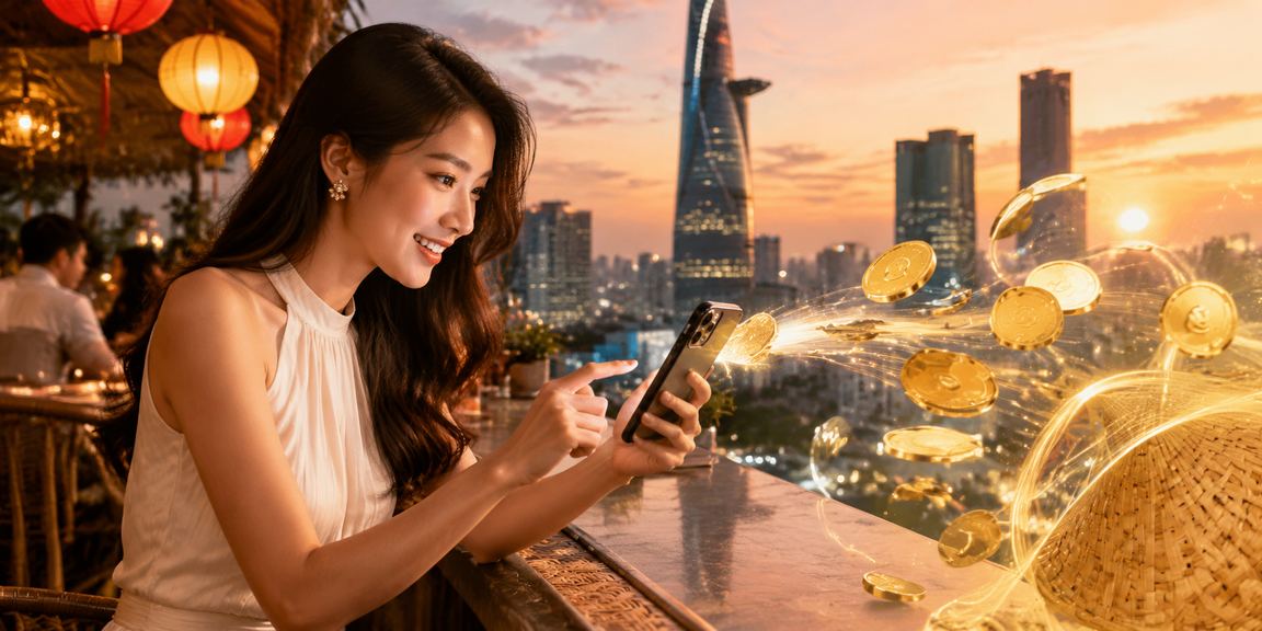 Cô gái Hồ Chí Minh đội nón lá nhận cashback bonus trên điện thoại
